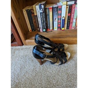 COLE haan black and brown chunky heel stilleto sandals euc sz 7